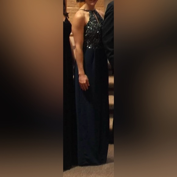 High Neck Navy Chiffon Jumpsuit with Sequin Bodice - Picture 4 of 4